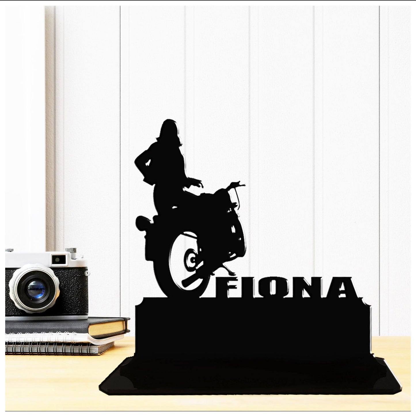 Acrylic personalized gifts for female motorcycle riders. Standalone keepsake ornaments.