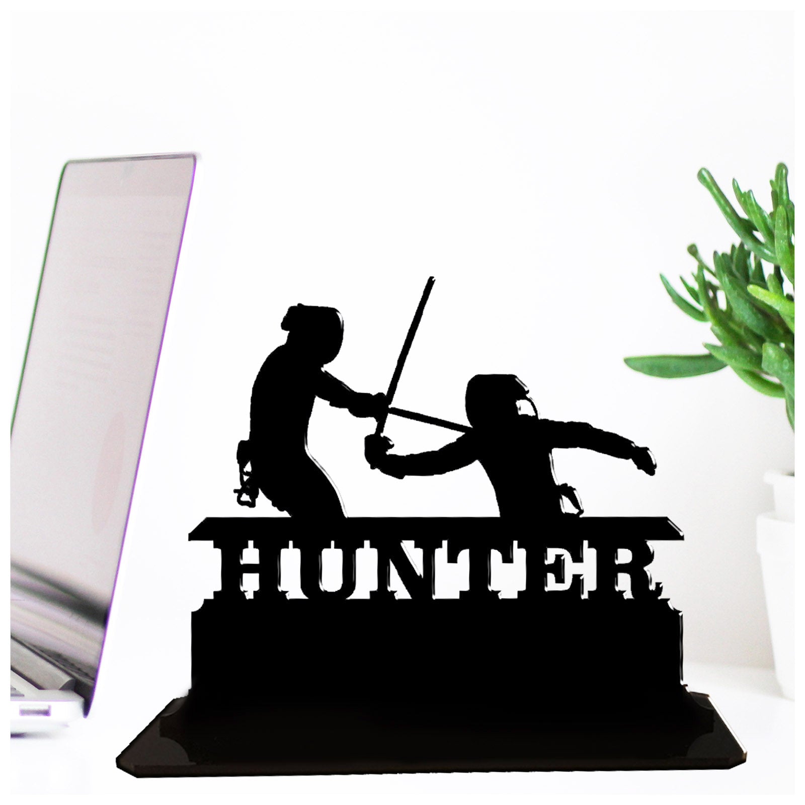 Personalised unique acrylic fencing themed gifts for fencing enthusiasts ref 2. This standalone present is a keepsake ornament plaque.