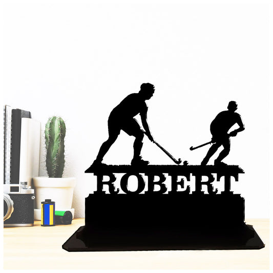 Personalised unique acrylic gifts for field hockey players. This standalone present is a keepsake ornament plaque.