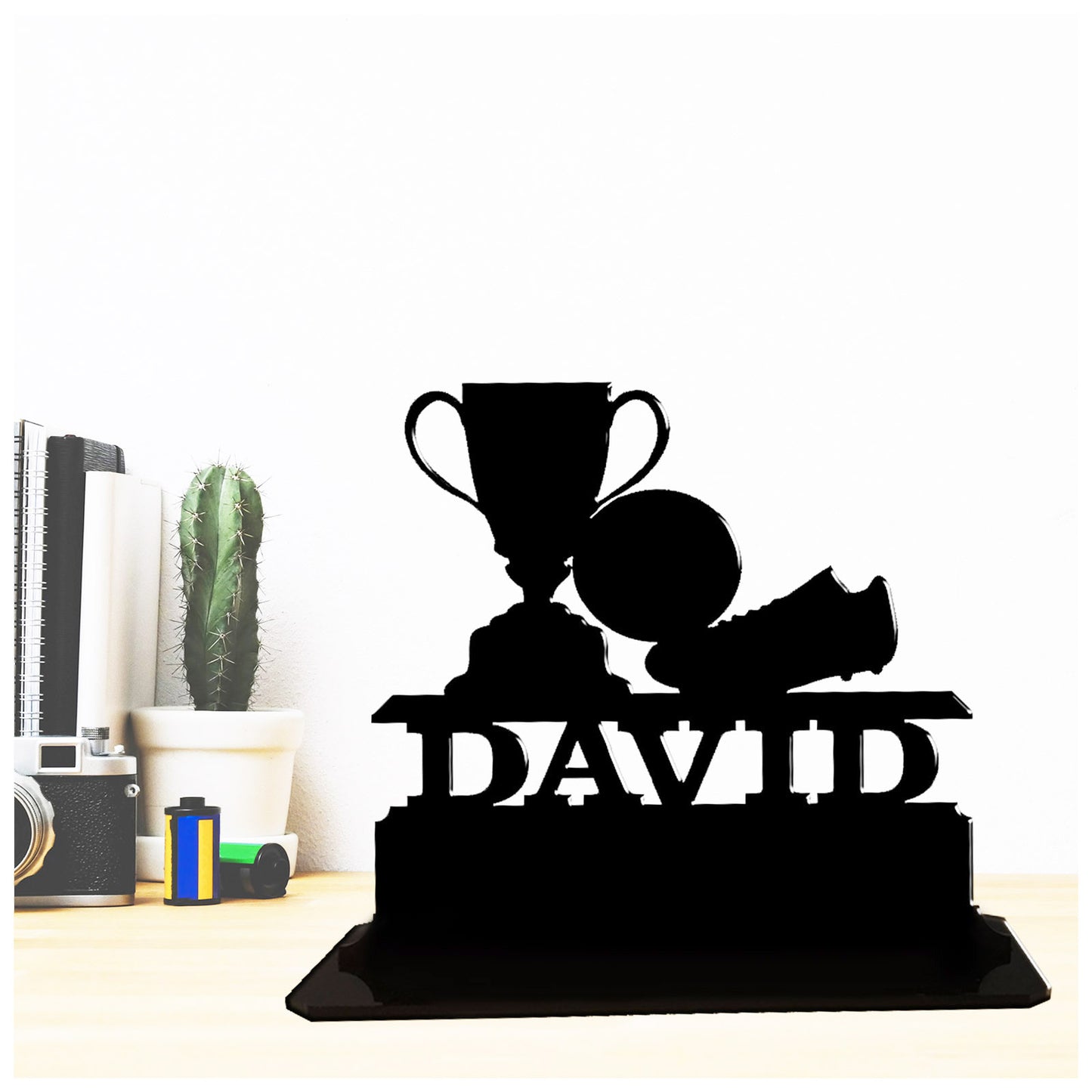 Personalised unique acrylic football trophy plaques. This standalone present is a keepsake ornament plaque.