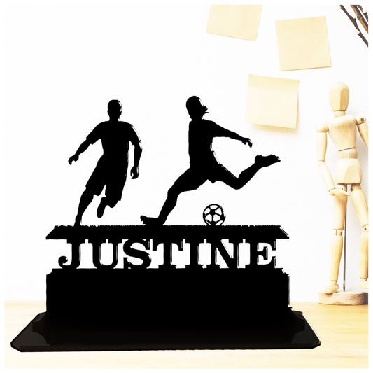 Personalised unique acrylic gifts for football players. This standalone present is a keepsake ornament plaque.