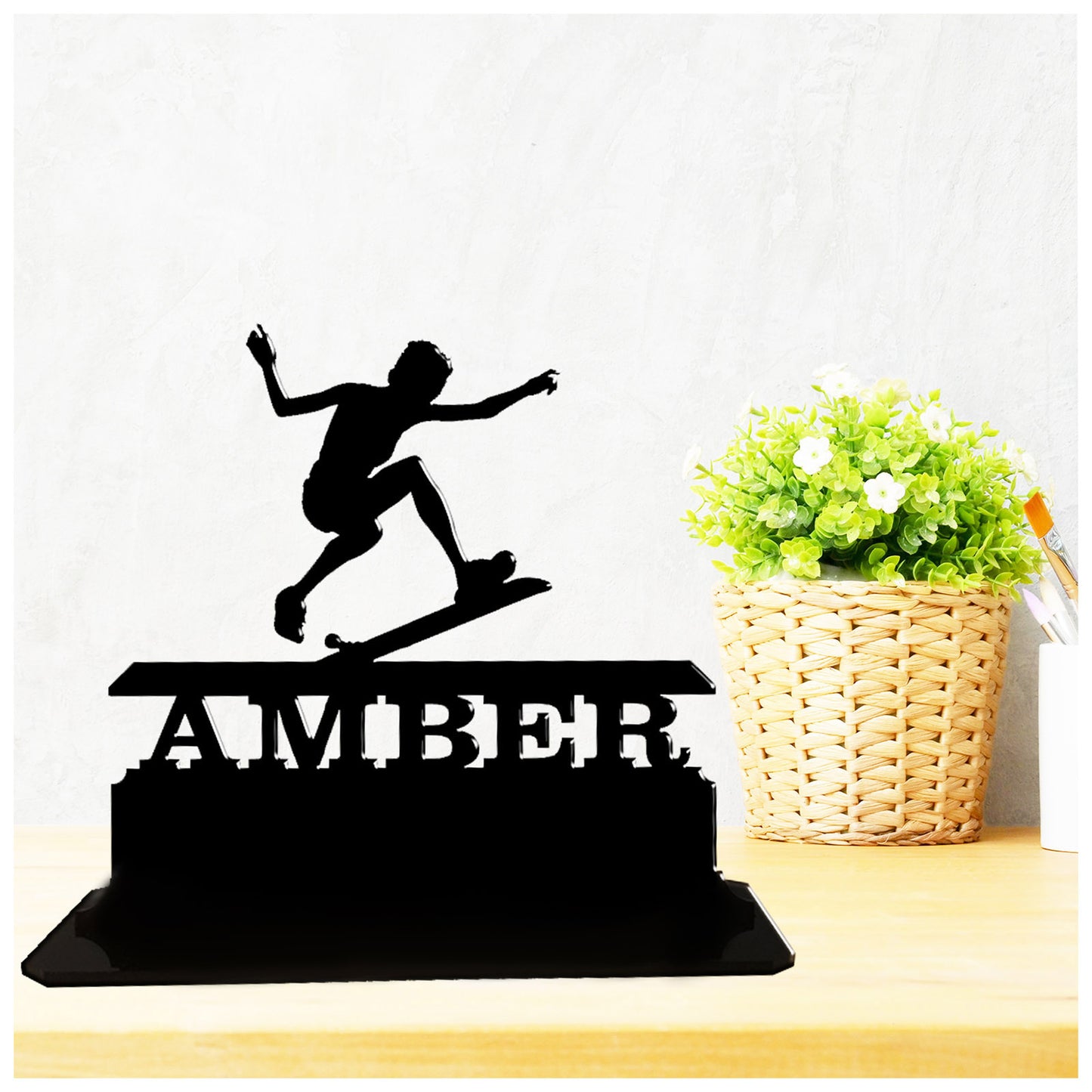 Acrylic unique personalised skateboarding gifts for skater girls and girlfriend. Standalone ornament keepsake present.