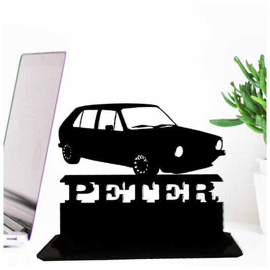 Acrylic personalised classic car gift ideas for Golf GTi owners and enthusiasts. Standalone keepsake ornaments.