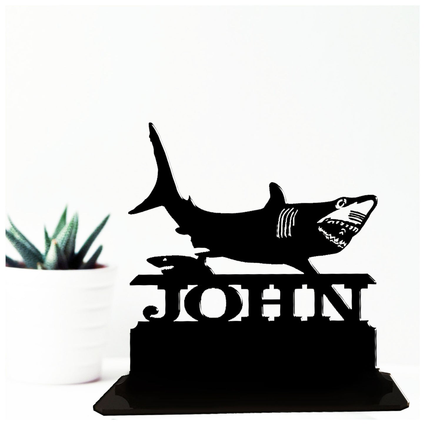 Acrylic personalized shark themed gift ideas for shark lovers. Standalone keepsake ornaments.