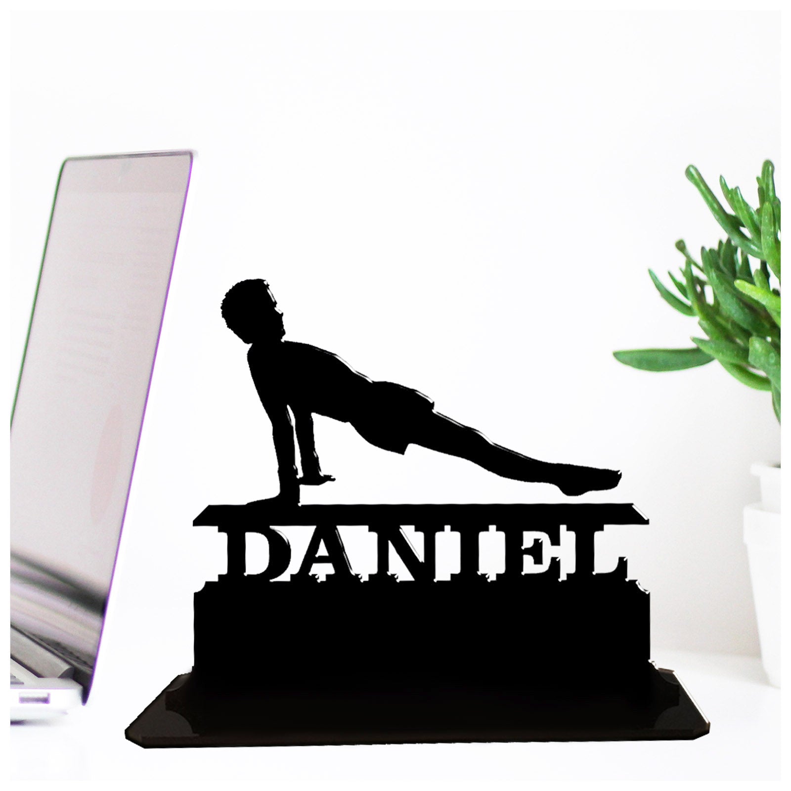 Personalised unique acrylic gifts for young boy gymnasts. This standalone present is a keepsake ornament plaque.