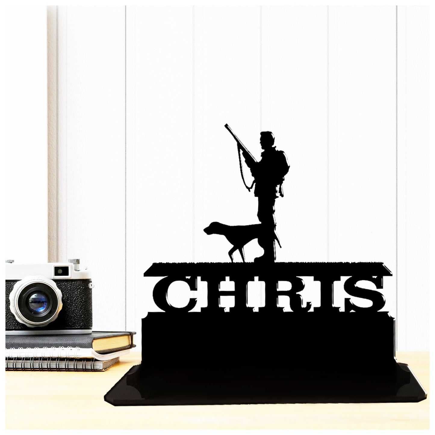 Personalised unique acrylic man and dog hunting gift. This standalone present is a keepsake ornament plaque.