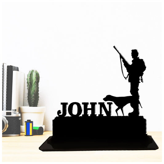 Personalised unique acrylic man and dog hunting gift. This standalone present is a keepsake ornament plaque ref 2.