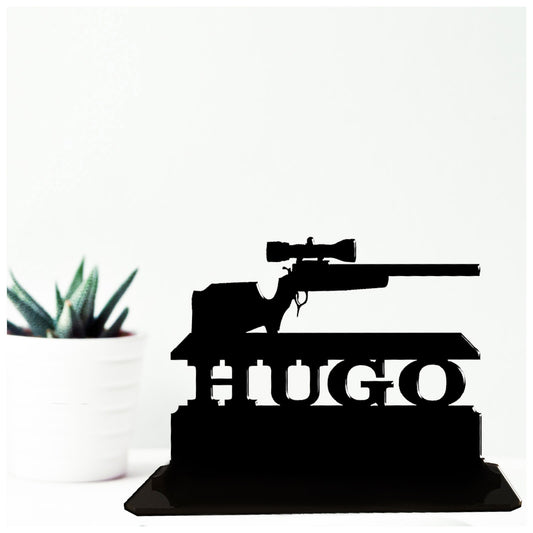 Personalised unique acrylic hunting rifle gift ideas. This standalone present is a keepsake ornament plaque.