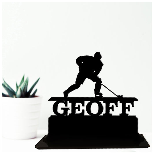 Personalised unique acrylic gifts for ice hockey players. This standalone present is a keepsake ornament plaque.