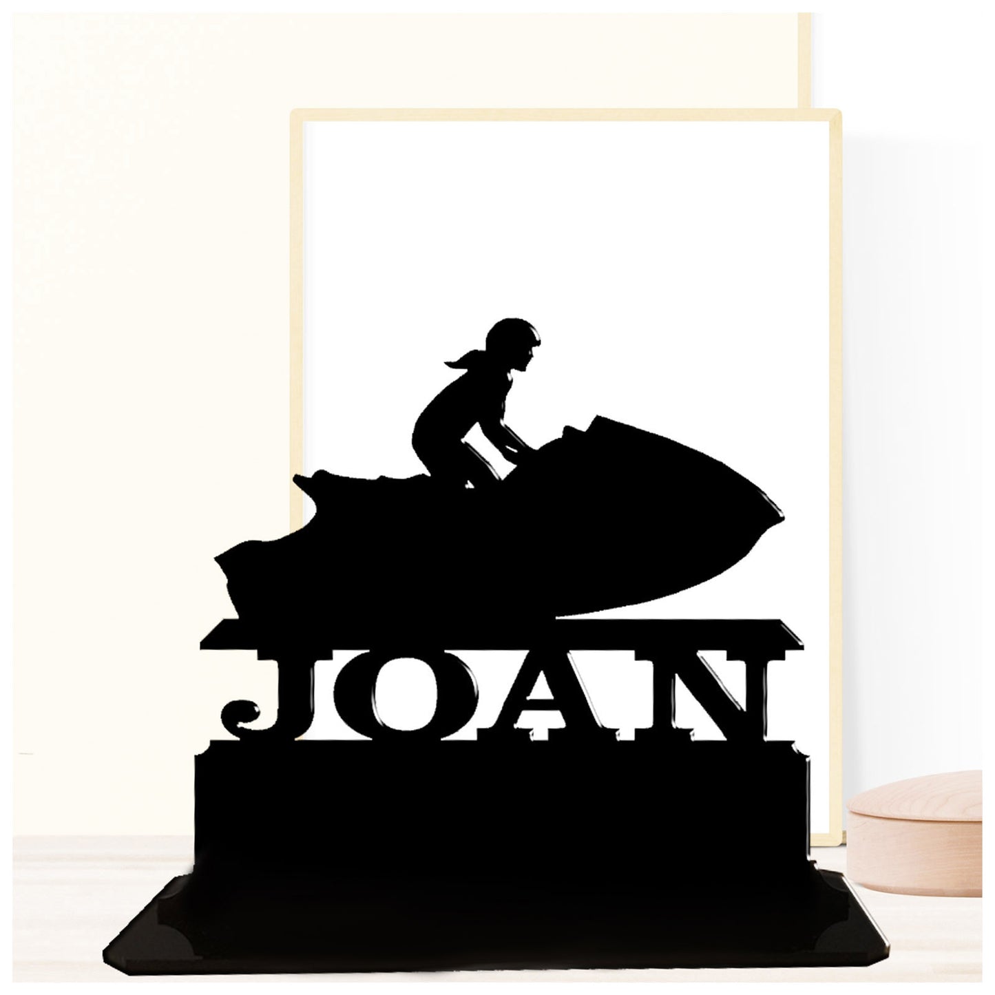 Personalised unique acrylic woman jet ski gift. This standalone present is a keepsake ornament plaque.