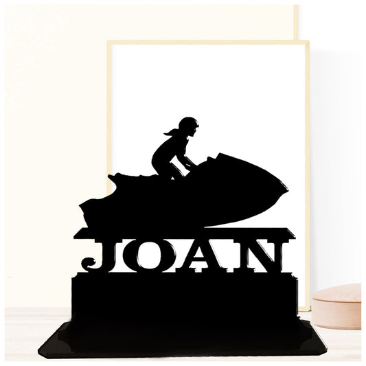 Personalised unique acrylic woman jet ski gift. This standalone present is a keepsake ornament plaque.