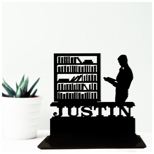 Acrylic unique personalised retirement gifts for male librarains and library lovers. Standalone keepsake ornaments.