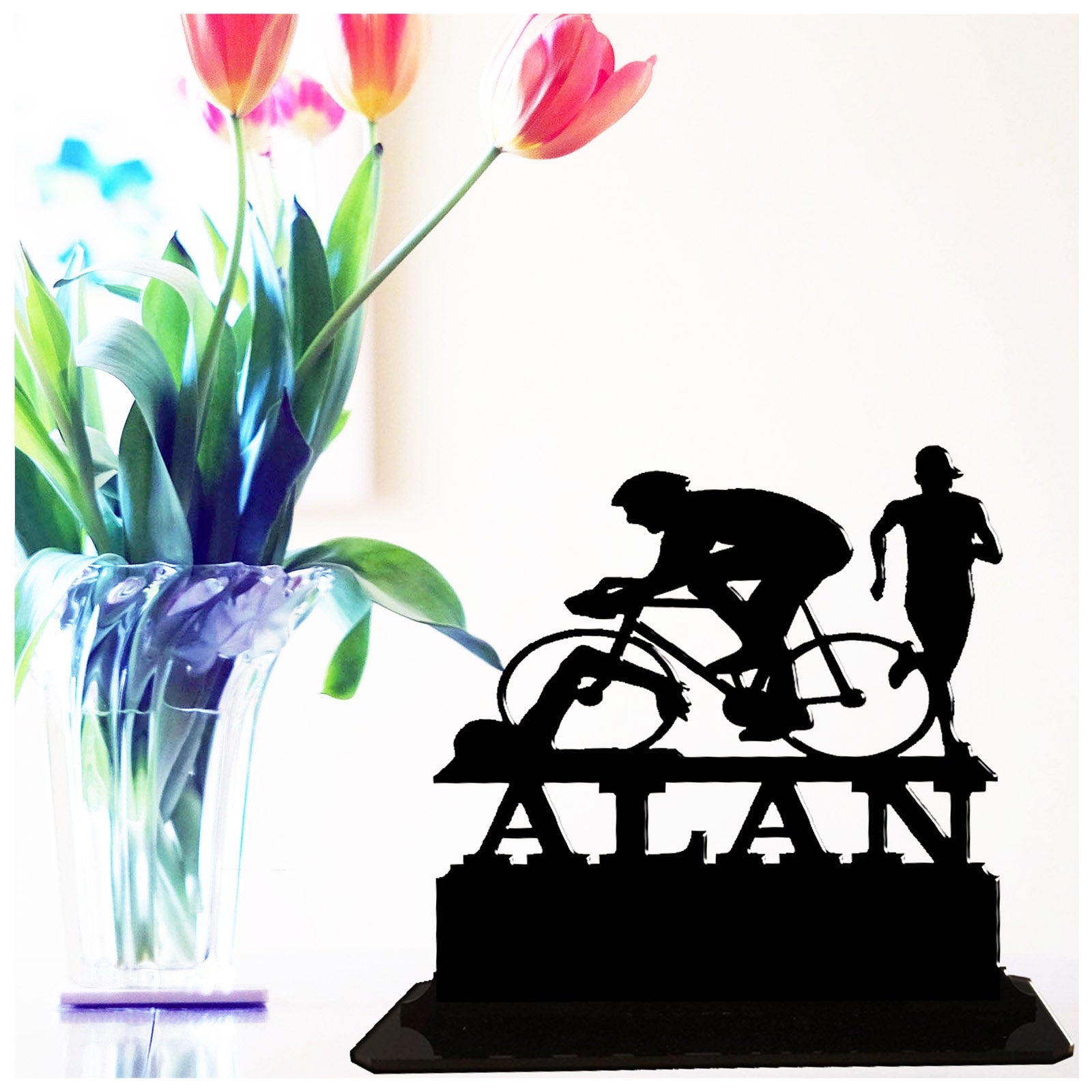 Acrylic unique personalised gifts for triathlon athletes ideas for triathletes. Standalone ornament.