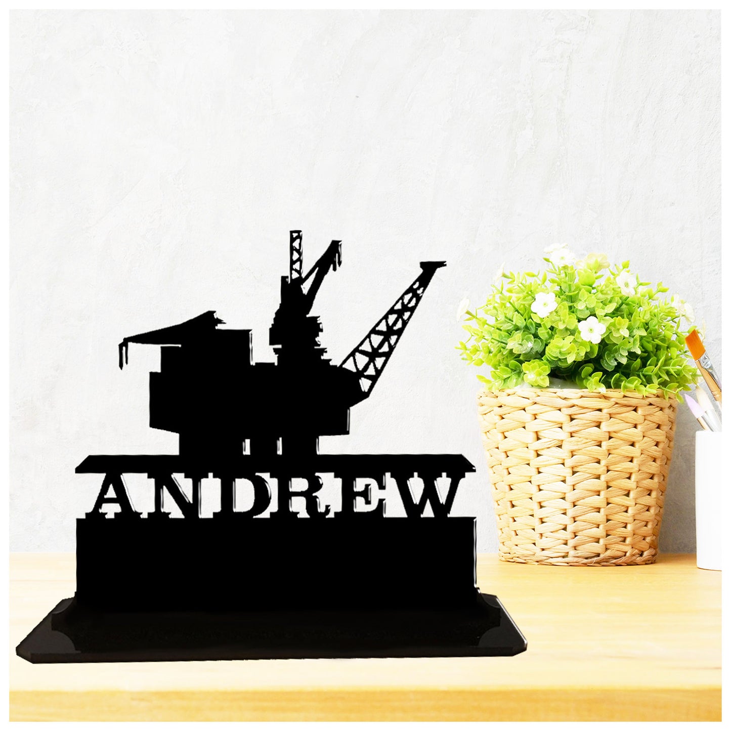 Acrylic unique personalised offshore oil field rig worker gift ideas. Standalone keepsake ornaments.