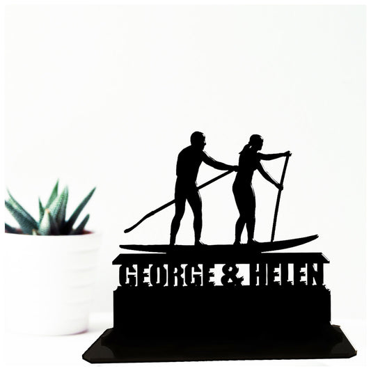 Acrylic unique personalised paddleboarding gift ideas for couples. This standalone present is a keepsake ornament plaque.