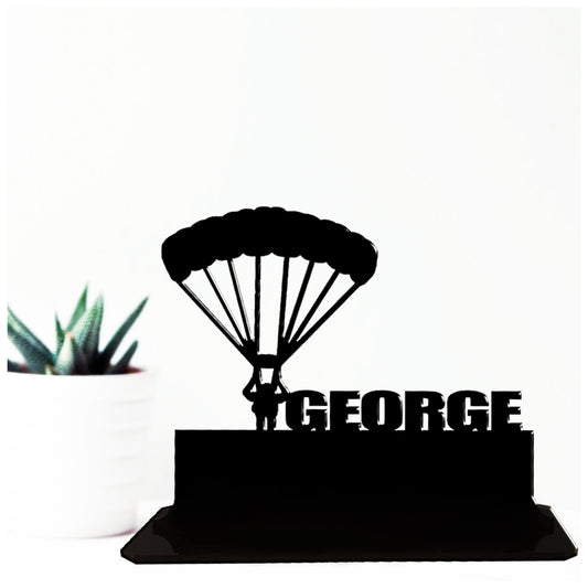 Acrylic unique personalised parachute jump gift ideas. This standalone present is a keepsake ornament.