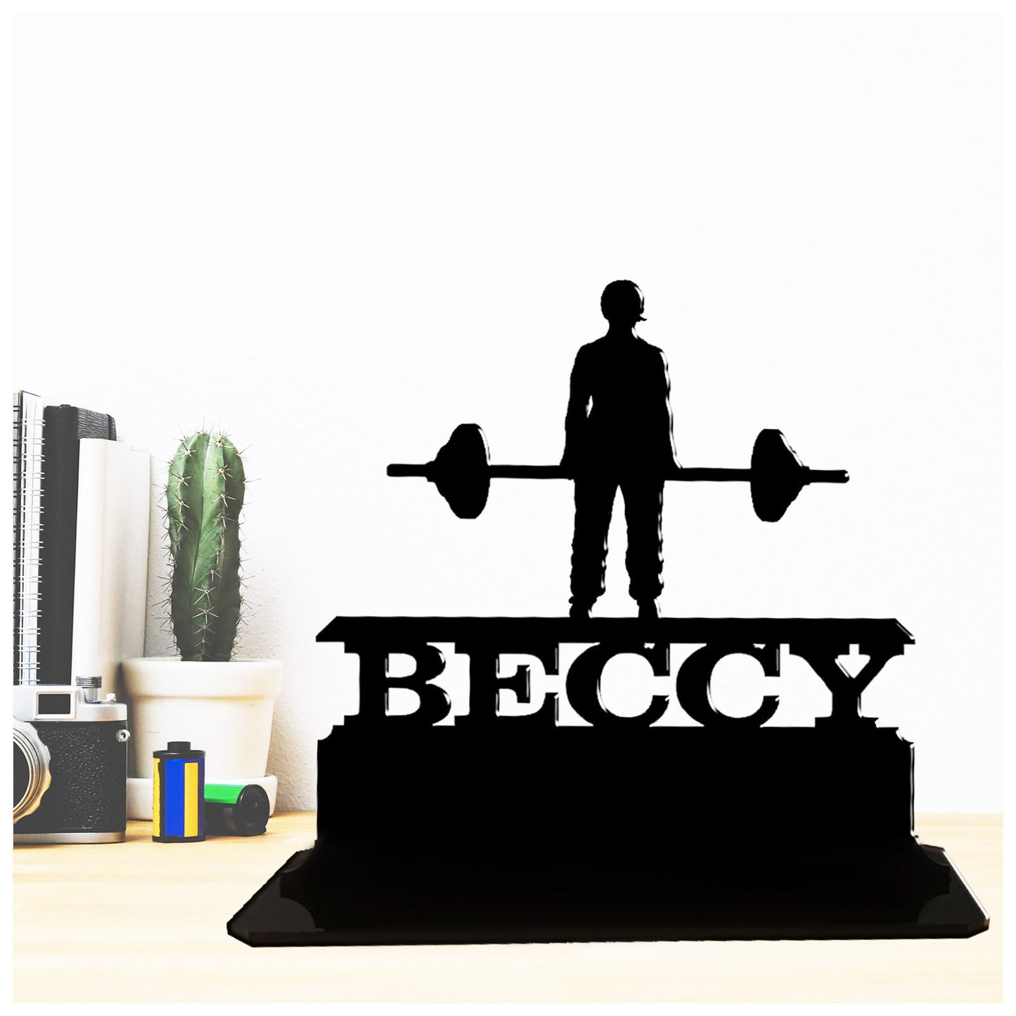 Acrylic unique personalised gifts for female powerlifters. Standalone ornament keepsake present.