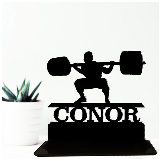 Acrylic unique personalised powerlifting gift ideas for him. Standalone ornament keepsake present.