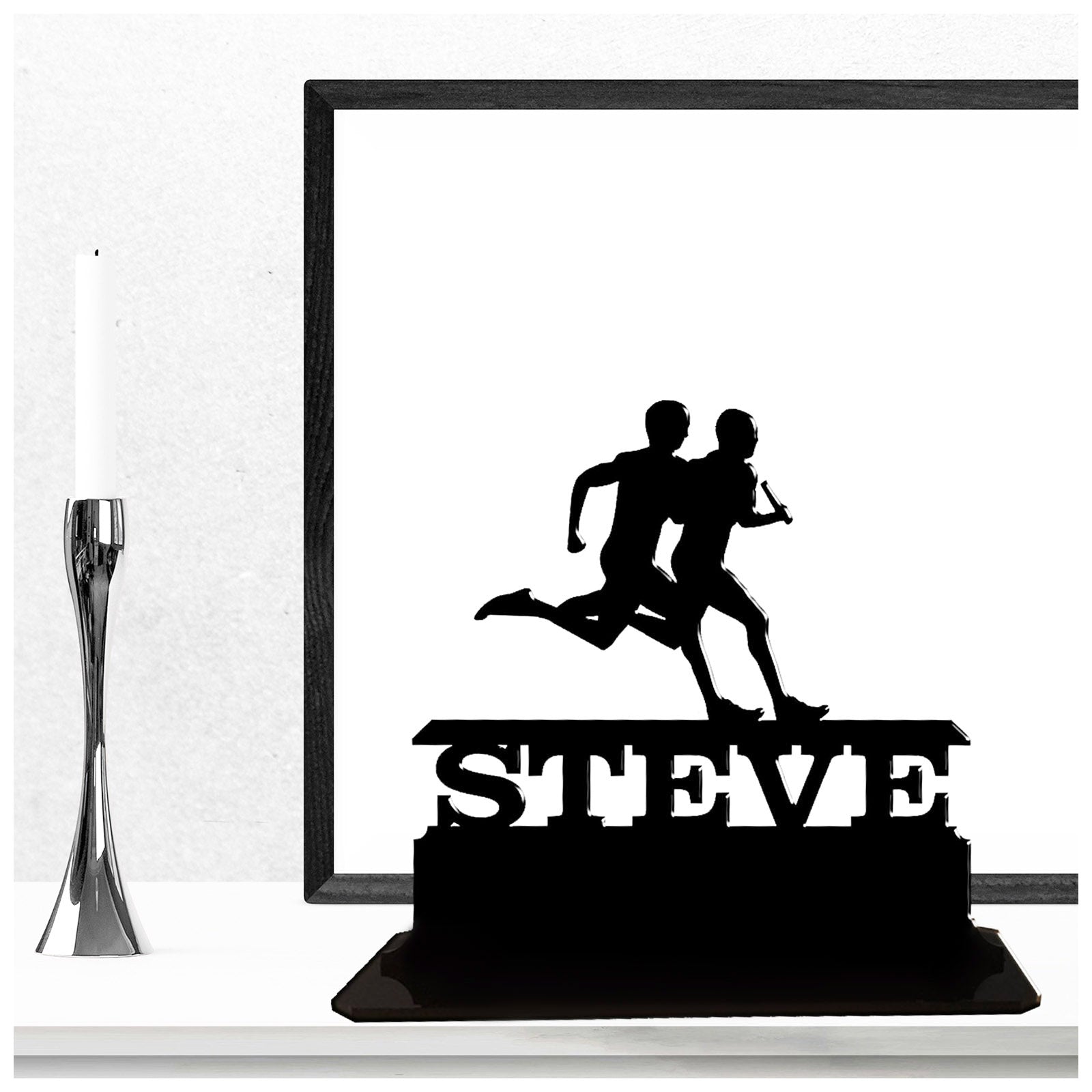 Acrylic unique personalised gifts for track athletes male sprinters runners and coaches. Standalone ornament keepsake present.