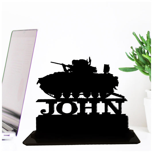 Acrylic personalised armoured vehicle themed army commissioning gift ideas for newly commissioned officers. Standalone keepsake ornaments.