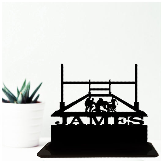 Acrylic unique personalised gifts for rugby lovers. Standalone ornament keepsake present.