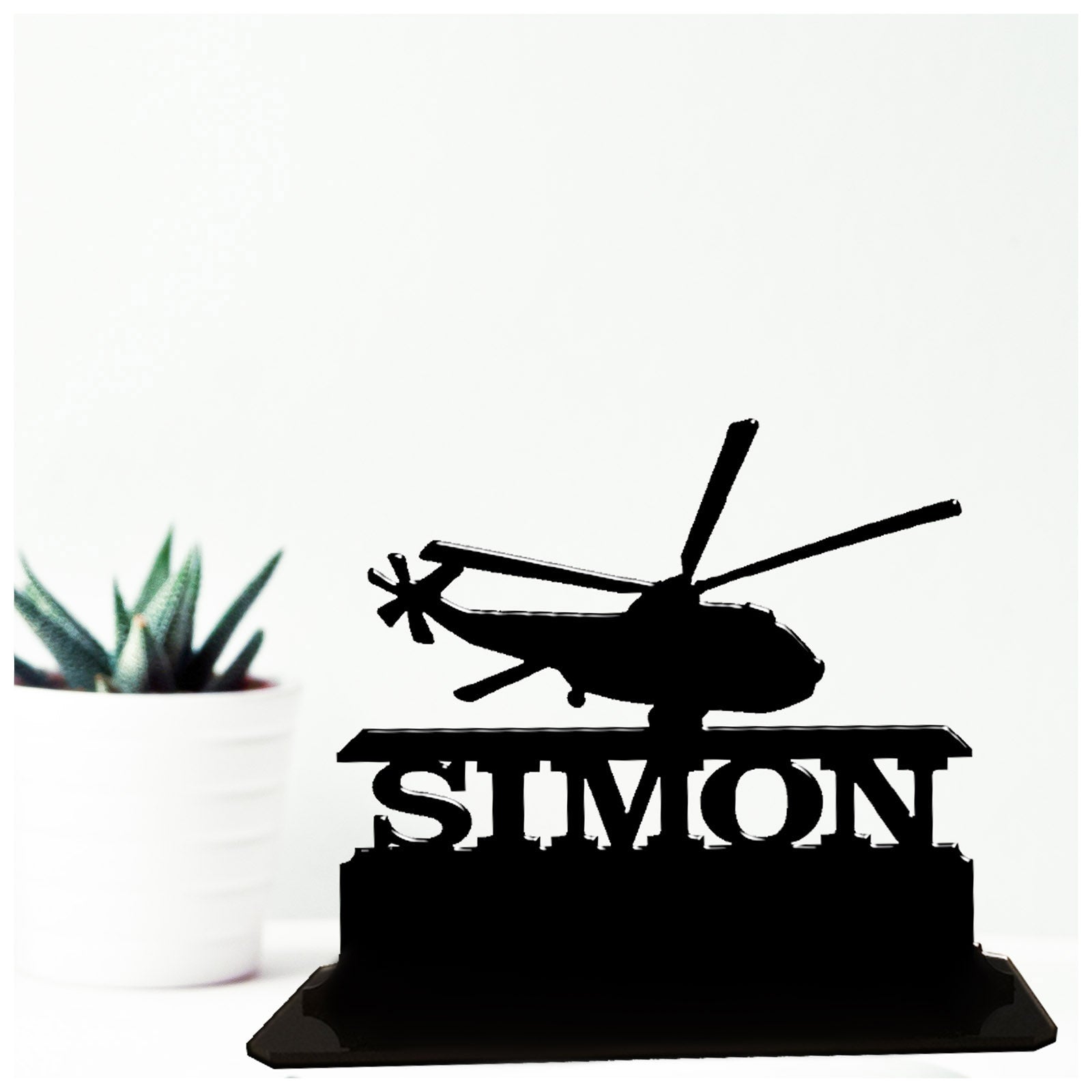 Acrylic personalised Sea King military helicopter gift ideas for helicopter pilots. Standalone keepsake ornaments.