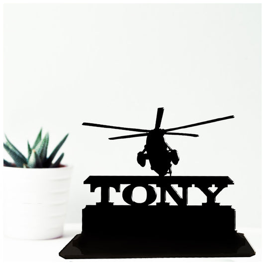 Acrylic personalised Sea King Rescue helicopter themed gift idea for helicopter lovers. Standalone keepsake ornaments.