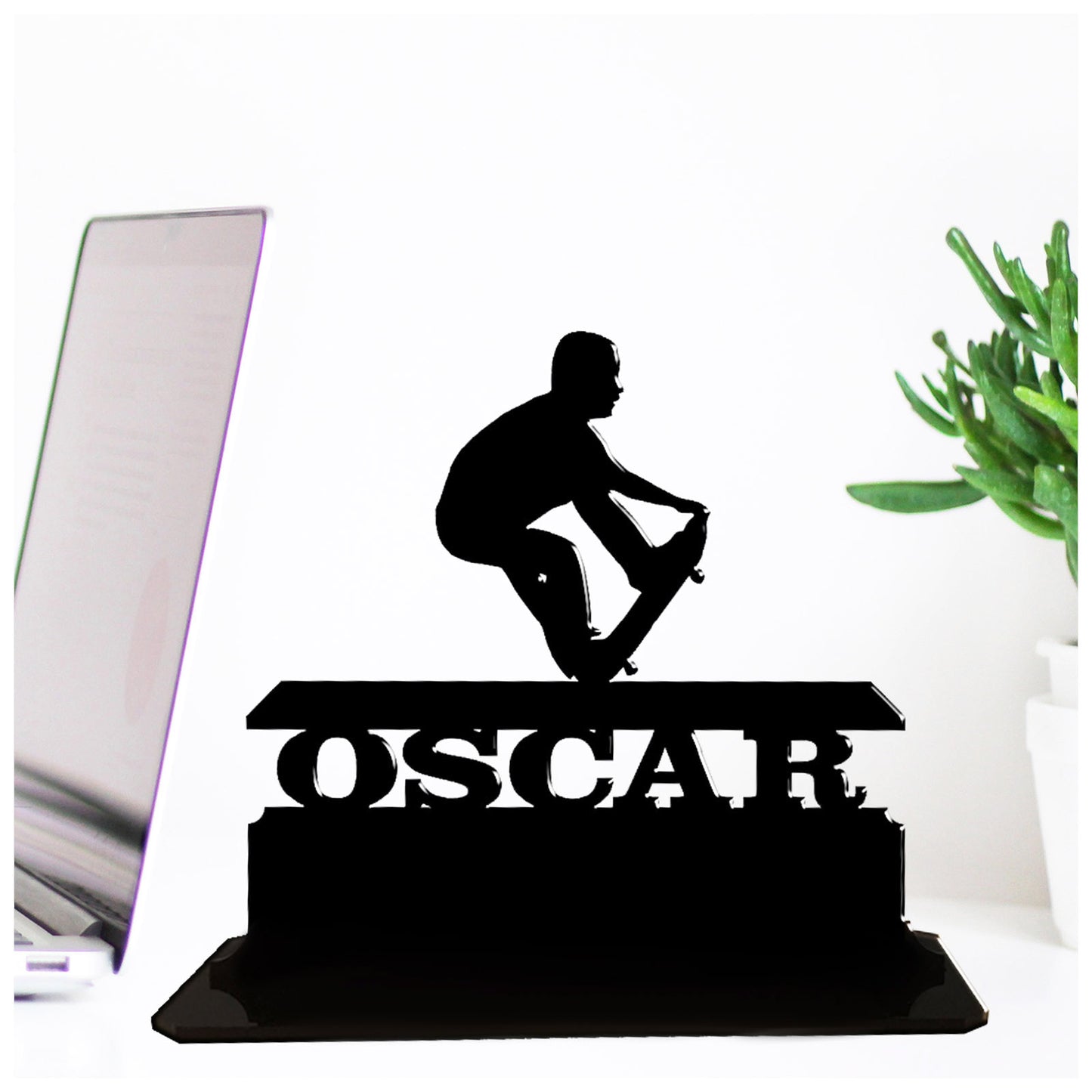 Acrylic unique personalised skateboarding gifts for skater guys and boyfriend. Standalone ornament keepsake present.