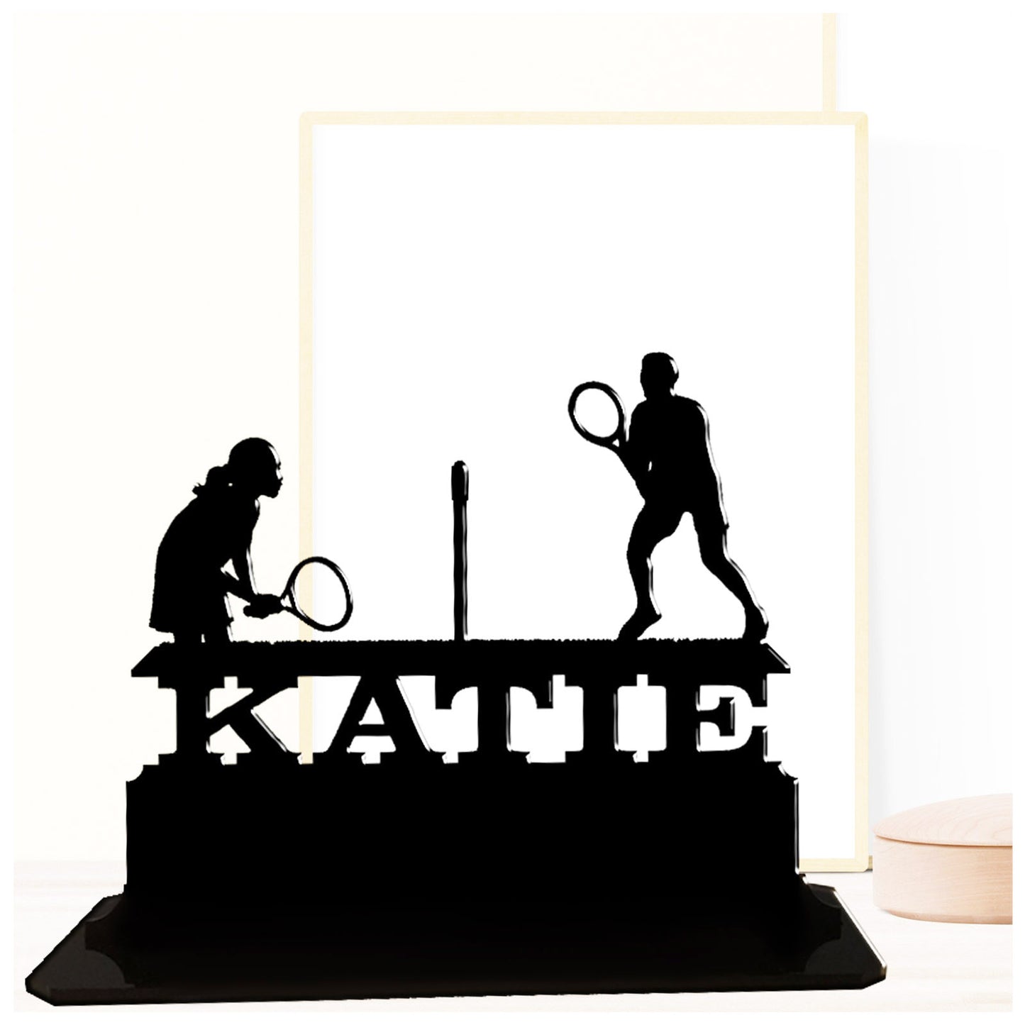 Acrylic unique personalised father and daughter themed tennis gift ideas. Standalone ornament.