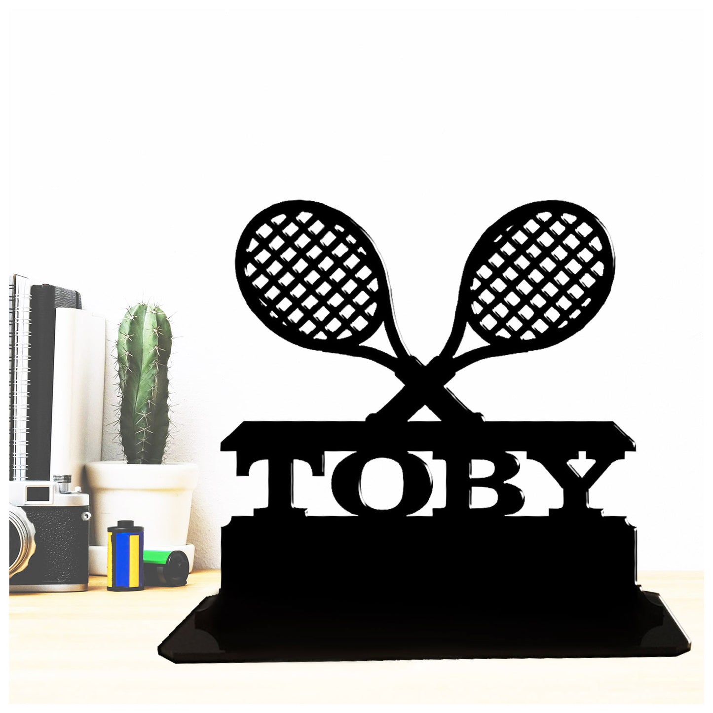 Acrylic unique personalised tennis racket themed gift ideas. Standalone ornament.