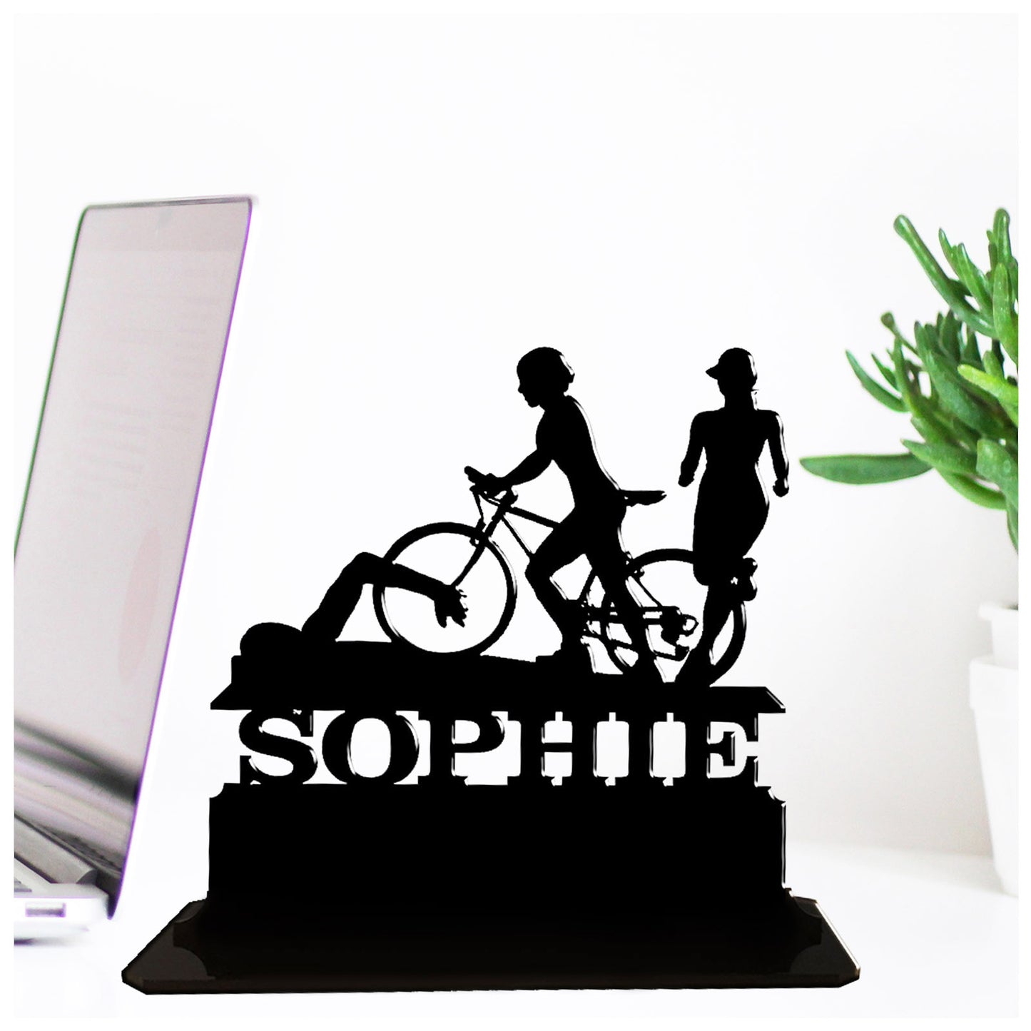 Acrylic unique personalised gifts for female triathlon athletes and ideas for triathletes. Standalone ornament.