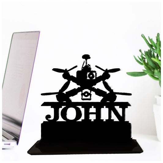 Personalised unique acrylic best gifts for drone racing enthusiasts. This standalone present is a keepsake ornamental plaque.