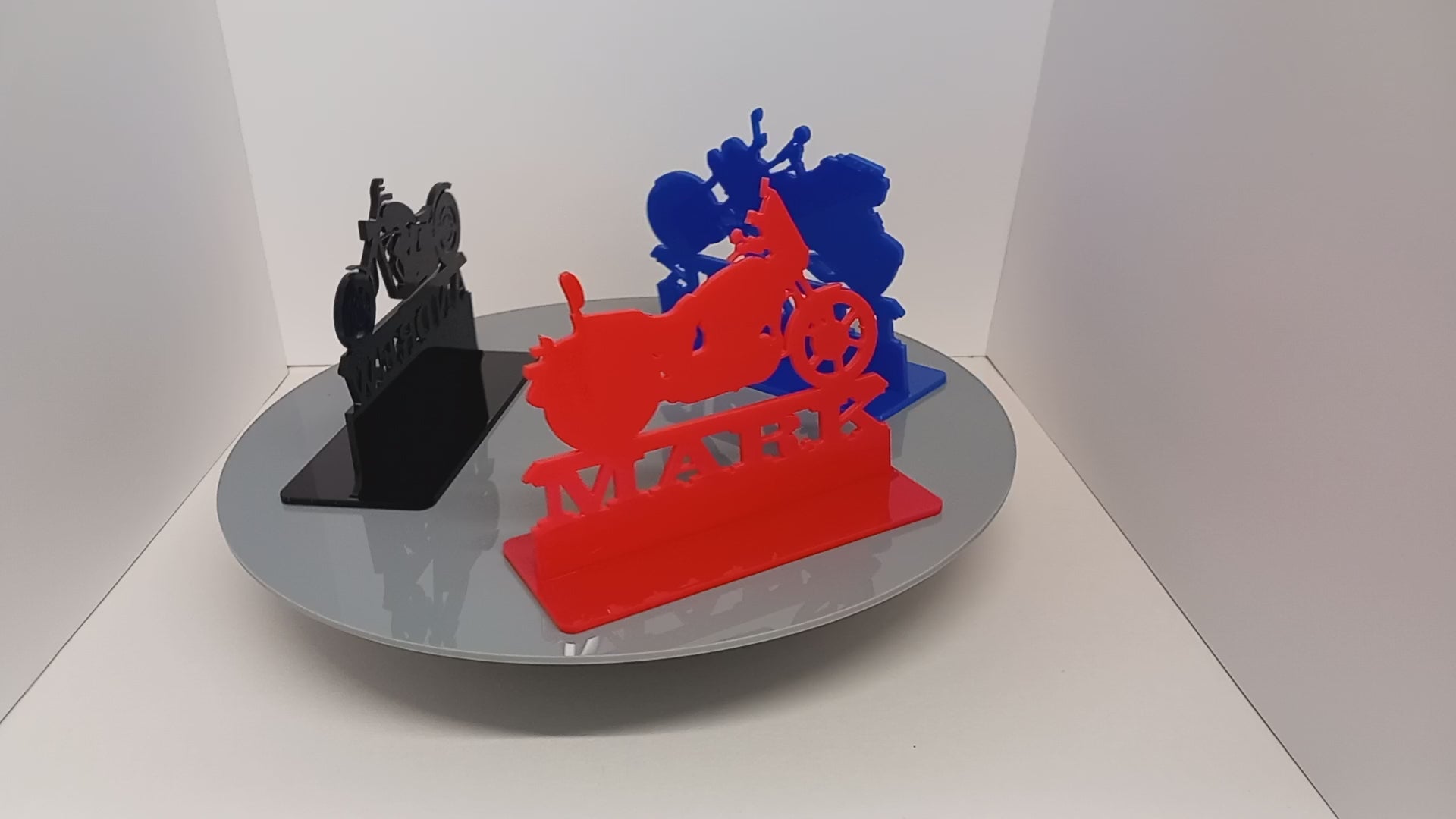 Load video: Acrylic ornamental collection of personalised motorcycle gifts. Includes Chopper, Classic Bike and Trike.